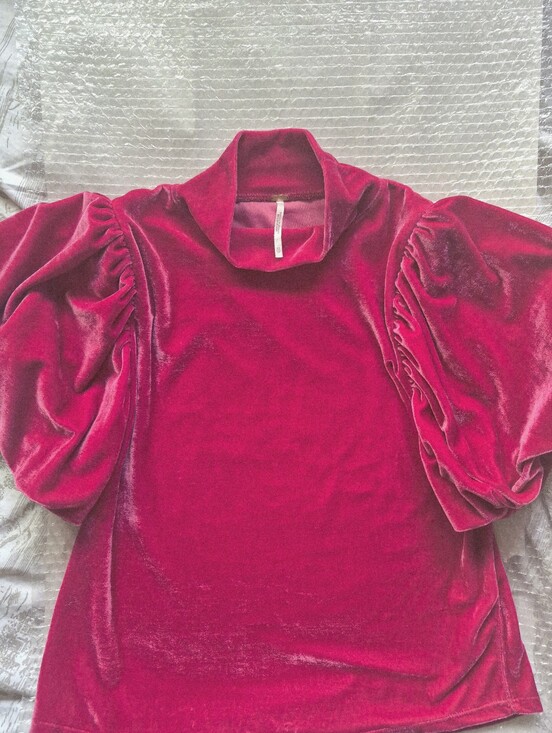Free People Tops - Free People Velvet Puff-Sleeve Mock Neck Top - Fuschia